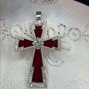 Elegant Red Inlay and Silver Tone with Rhinestones Cross Vintage Estate Pendant
